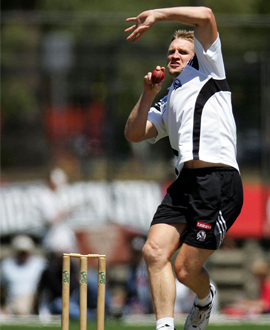 Nathan Buckley in action during the 20/20 Tsunami cricket match between Melbourne and Collingwood at Junction Oval on January 30, 2005.