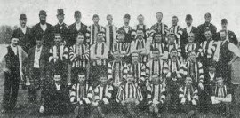 The earliest known photograph of a Collingwood team, in 1895, as published in Collingwood at Victoria Park - Revised and Updated Edition (Roberts and McFarlane, 2005).